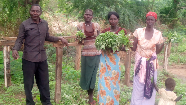 Isaac Kirundi Githu mit drei Frauen und Moringa-Ernte